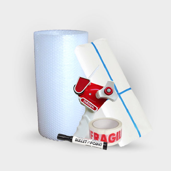 Bubble wrap, tape gun, butchers paper, tape and marker pen